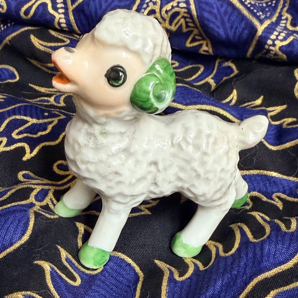 Ceramic Lamb Figurine with Green Accents